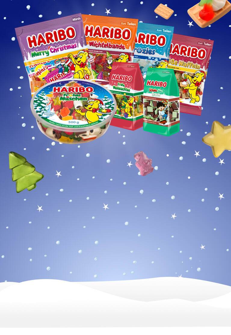 Zu sehen sind Produkte f&uuml;r Weihnachten: Merry Chrismas mini Beutel, Wichtelbande, Frozies, S&uuml;&szlig;e Waffeln, Frohes Naschen Dose, Frohe Weihnachten, Schoko-Minz Traum