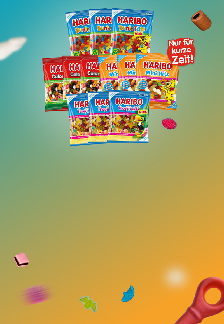 Zu sehen ist das Mini Hits Bundle mit den Produkten Mini Color-Rado 160g, Mini Hits 160g, Bunte T&uuml;te 160g und Tropifrutti 160g. Nur f&uuml;r kurze Zeit erh&auml;ltlich.