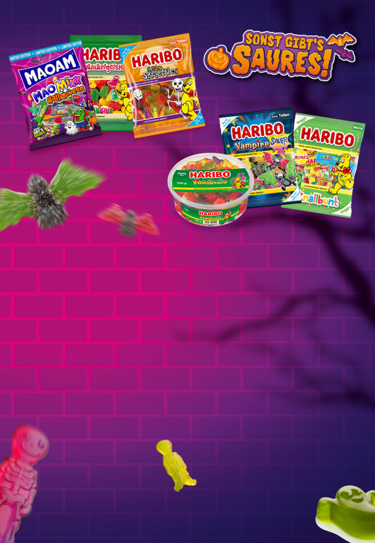 Zu sehen sind Produkte f&uuml;r Halloween: Mao Mixx Halloween, Wackelgeister, Skeletties, Phantasia Dose, Vampire Sauer, Knallbunt.