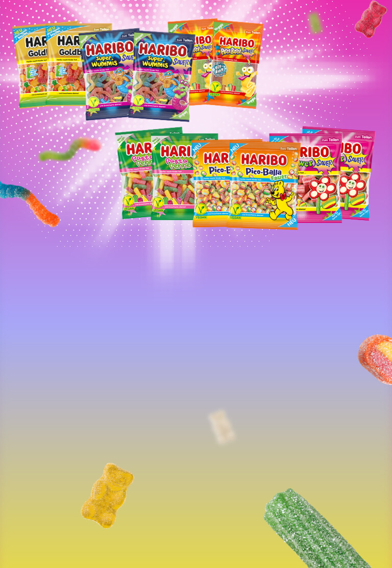 Zeigt sechs HARIBO Produkte, etwa Flower Sauer, Goldb&auml;ren Sauer, Super Wummis, Pasta Penne, Pico-Balla sauer, Pasta Basta, jeweils im Sauerkeiten-Bundle mit zwei Beuteln je Sorte