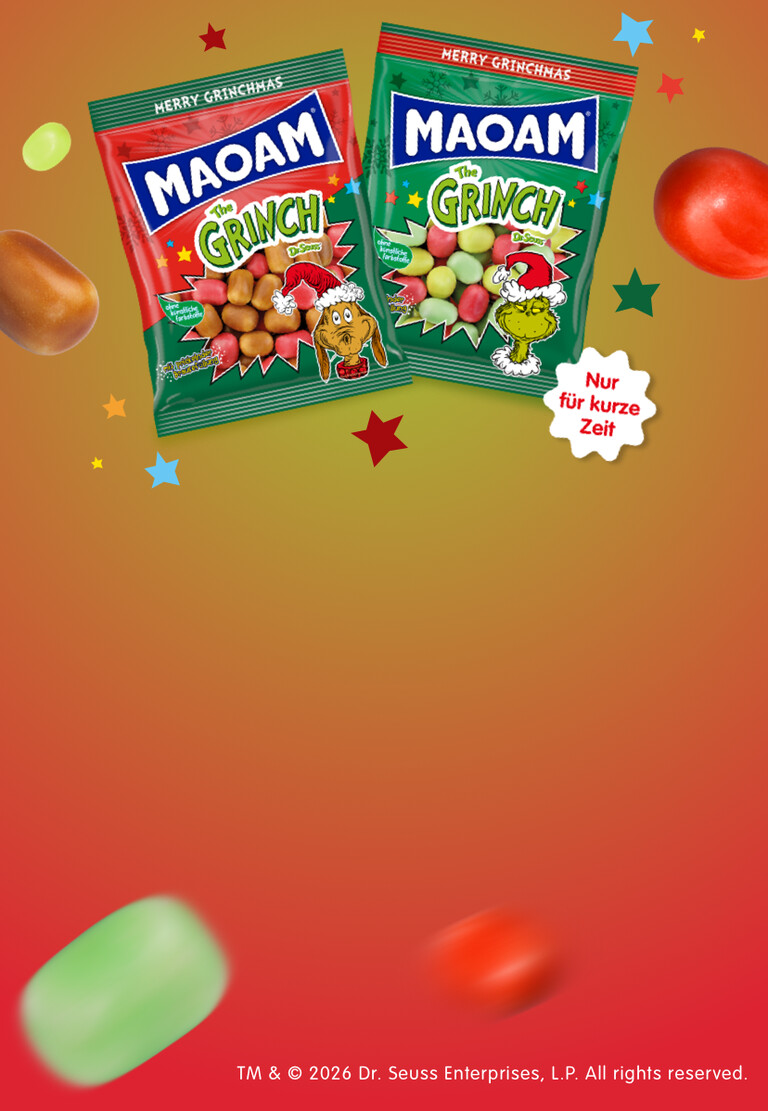 Zu sehen sind die beiden MAOAM-Artikel Grinch 175g-Beutel und Grinch Max 175g-Beutel.