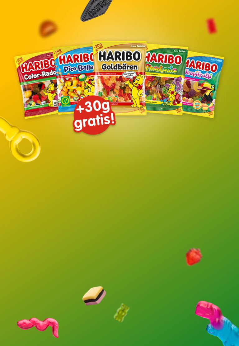 Zeigt f&uuml;nf HARIBO Produkte, etwa Color-Rado, Tropifrutti, Pico-Balla, Goldb&auml;ren und Phantasia, jeweils im &Uuml;berf&uuml;ll Beutel mit 30g gratis. 