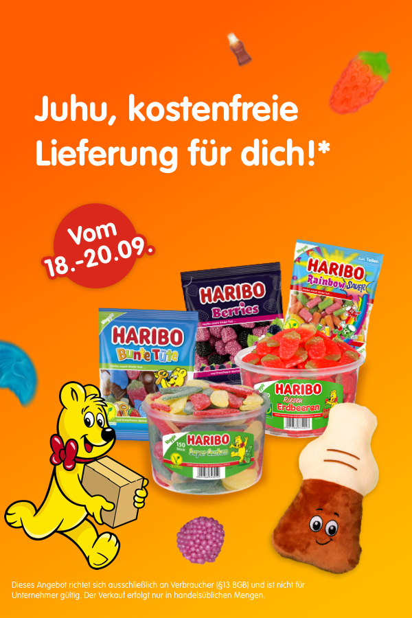 Versandkostenfreie Lieferung im HARIBO Online-Shop, nur vom 18. bis 20. September mit dem Code HARIBOFREE.