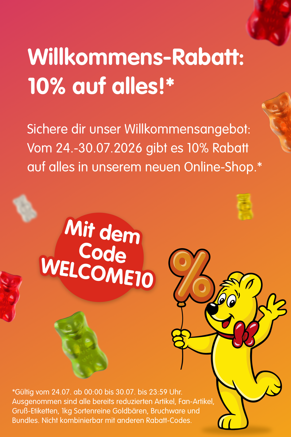 10% Rabatt auf alles im HARIBO Online-Shop, nur vom 24. bis 30.07. mit dem Code WELCOME10.