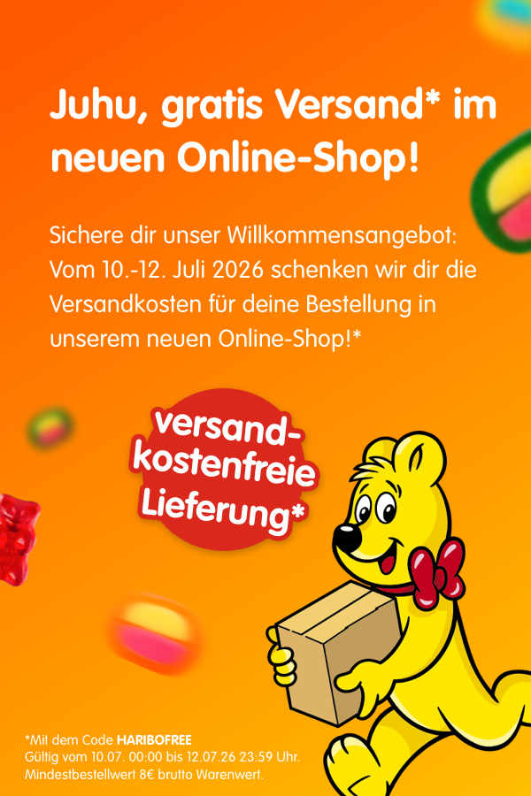 Versandkostenfreie Lieferung im HARIBO Online-Shop, nur vom 10. bis zum 12. Juli mit dem Code HARIBOFREE.